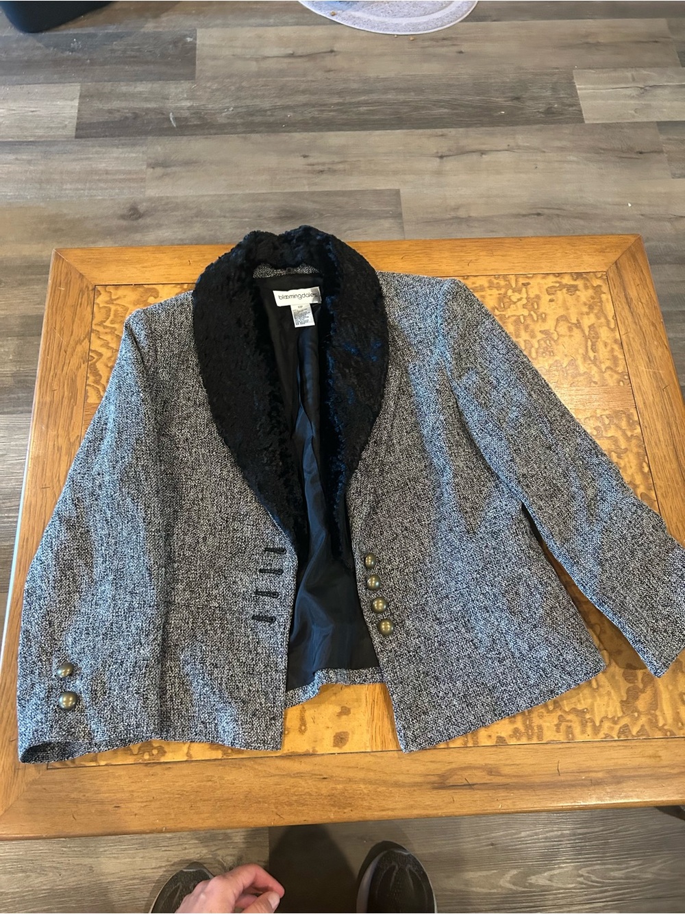 Bloomingdale's Gray Tweed Blazer with Black Faux Fur Collar